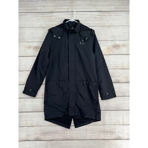 Rusty Hooded Long Rain jacket Womens Small Black Nylon Water Resistant